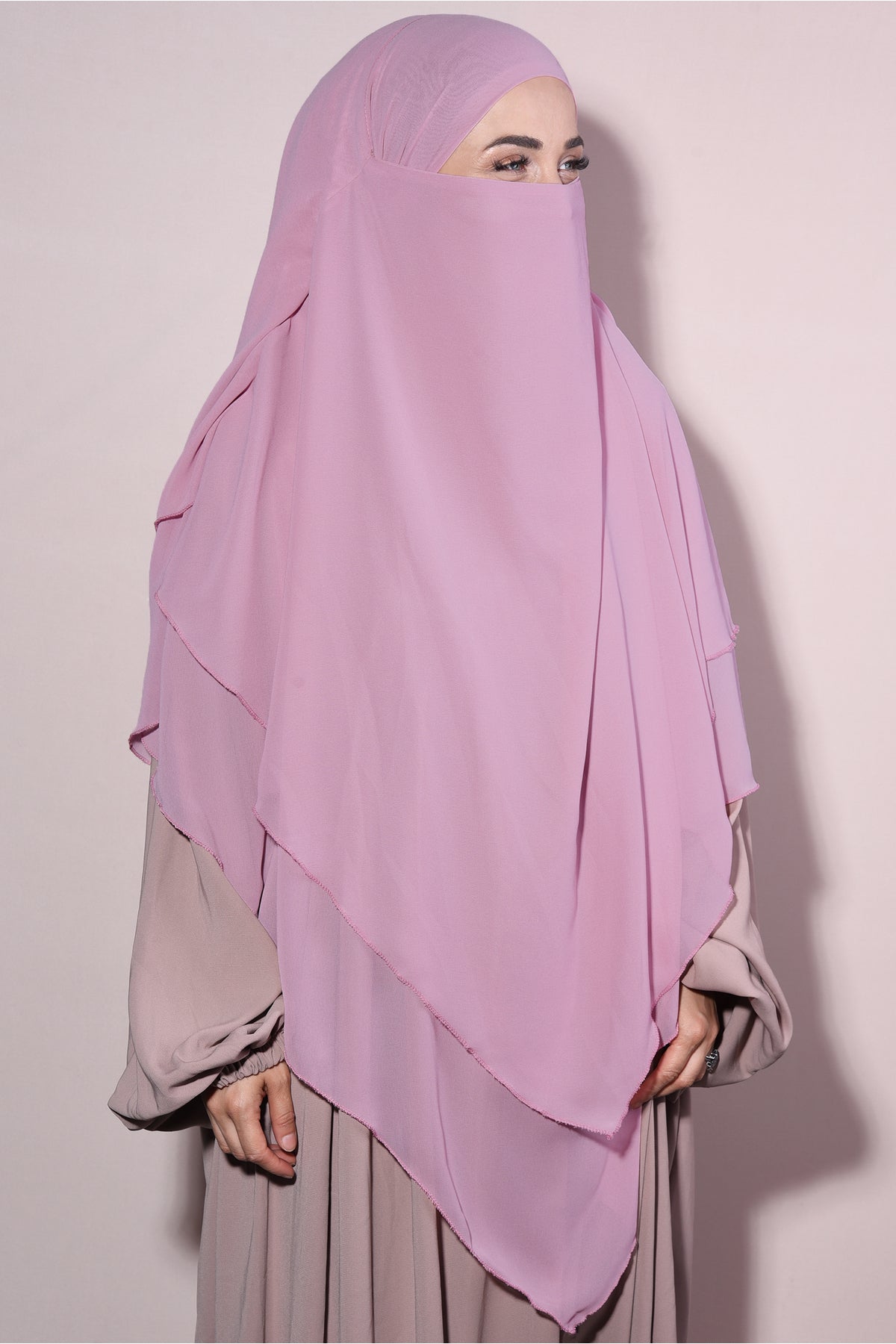 Long Layered Chiffon Khimar with Tie-Back Niqab — pudra-pembesi