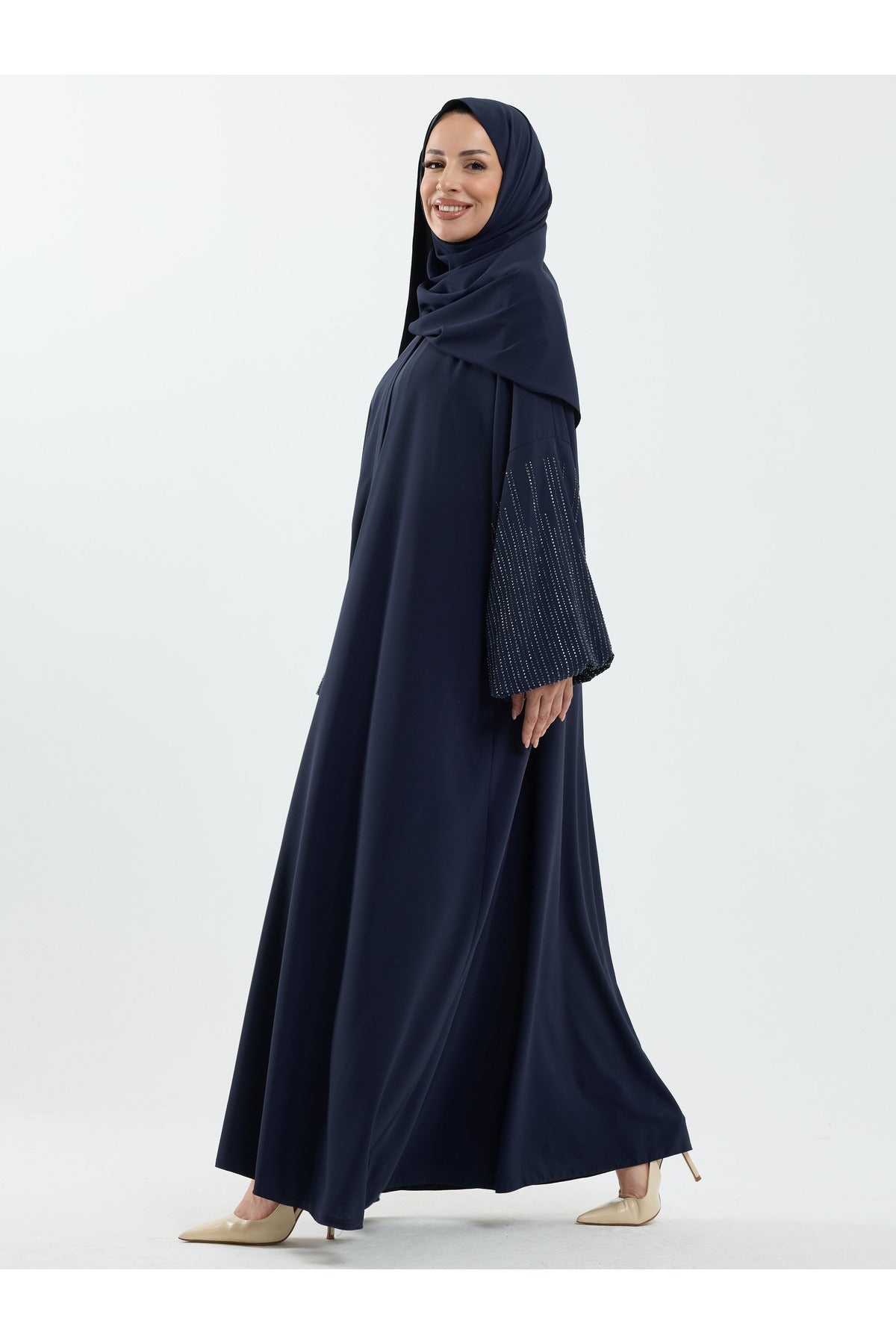 Abaya Set with Embellished Sleeves & Matching Shawl — Lacivert
