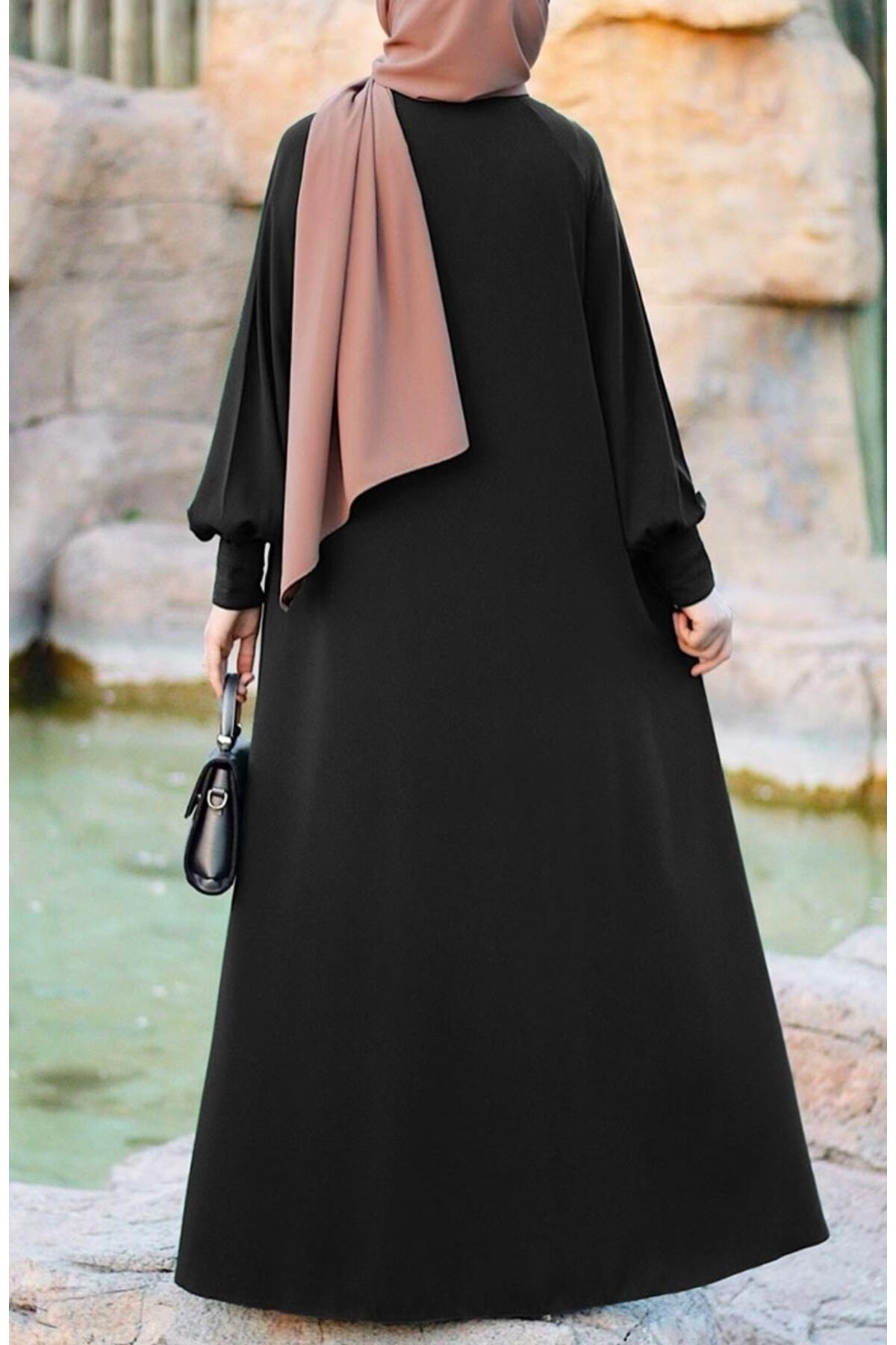 Relaxed Fit Long Crepe Ferace Dress with Adjustable Belt — Siyah