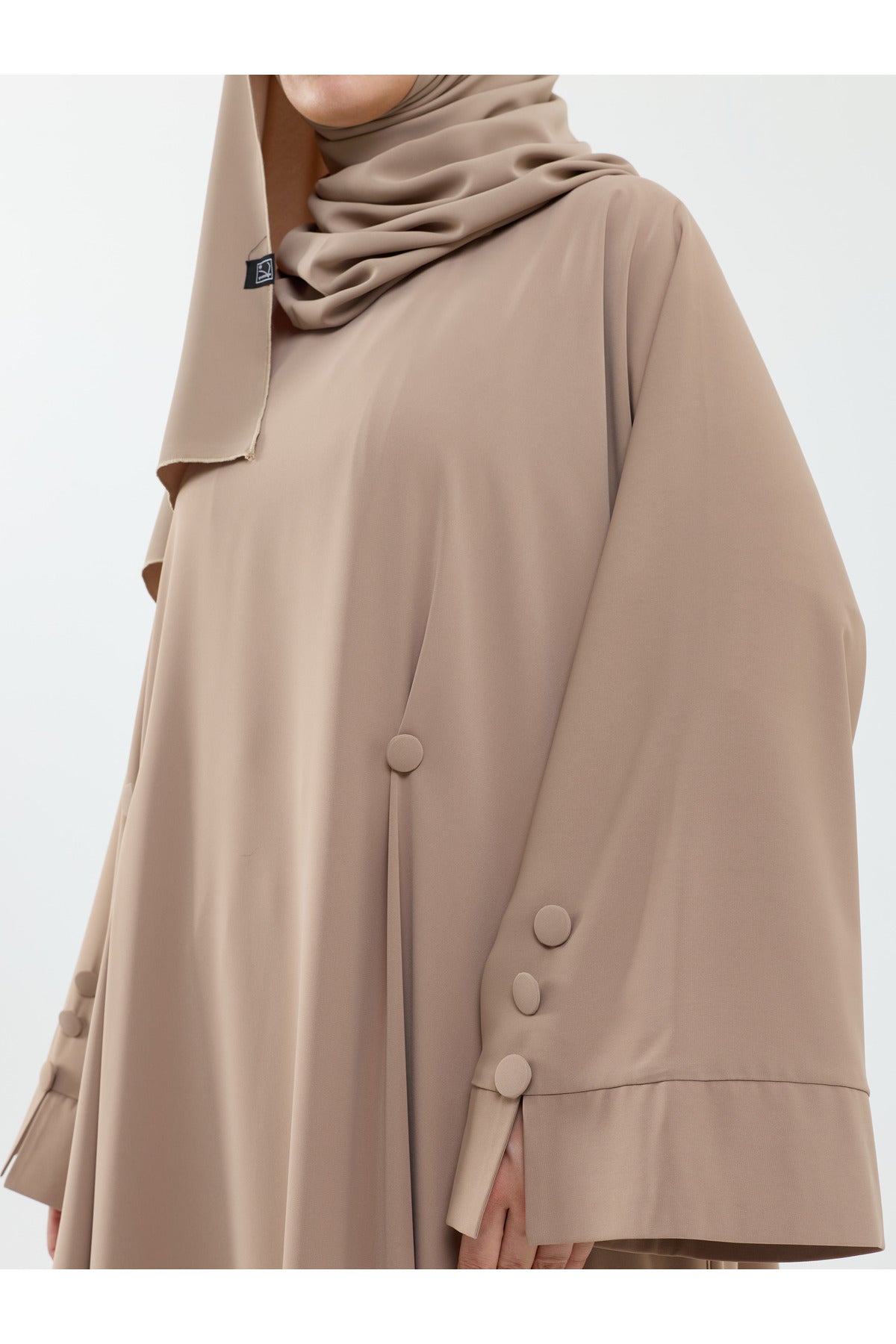 Modest Full-Zip Abaya with Matching Shayla and Button Cuffs — Bej