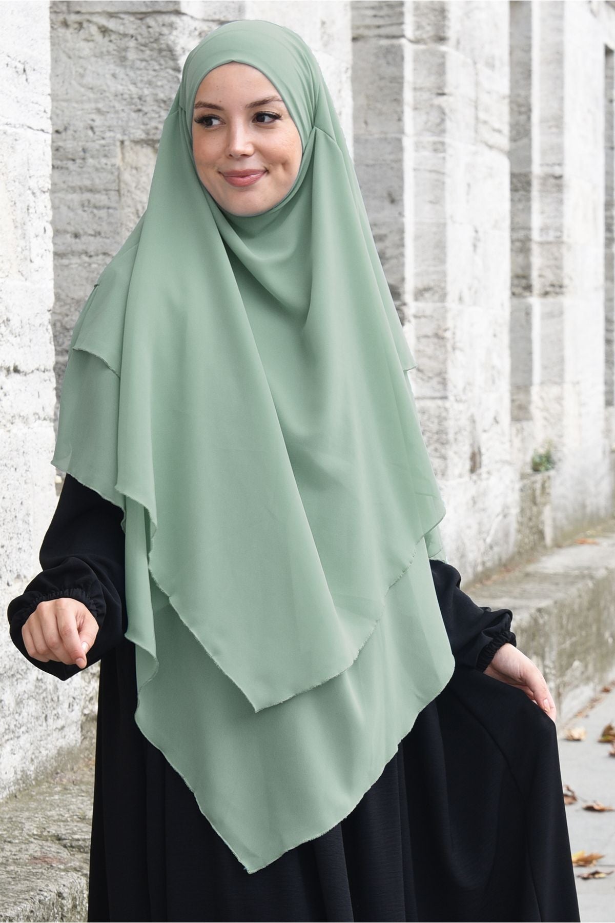 Long Layered Chiffon Khimar with Tie-Back Niqab — yesil