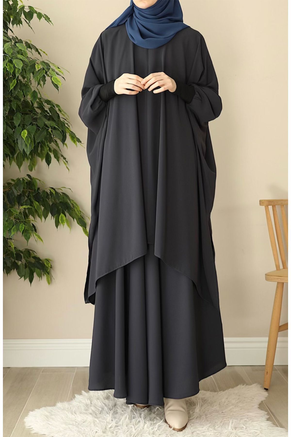 Modest Relaxed Fit Long Tunic & Skirt Set with Batwing Sleeves — Gri