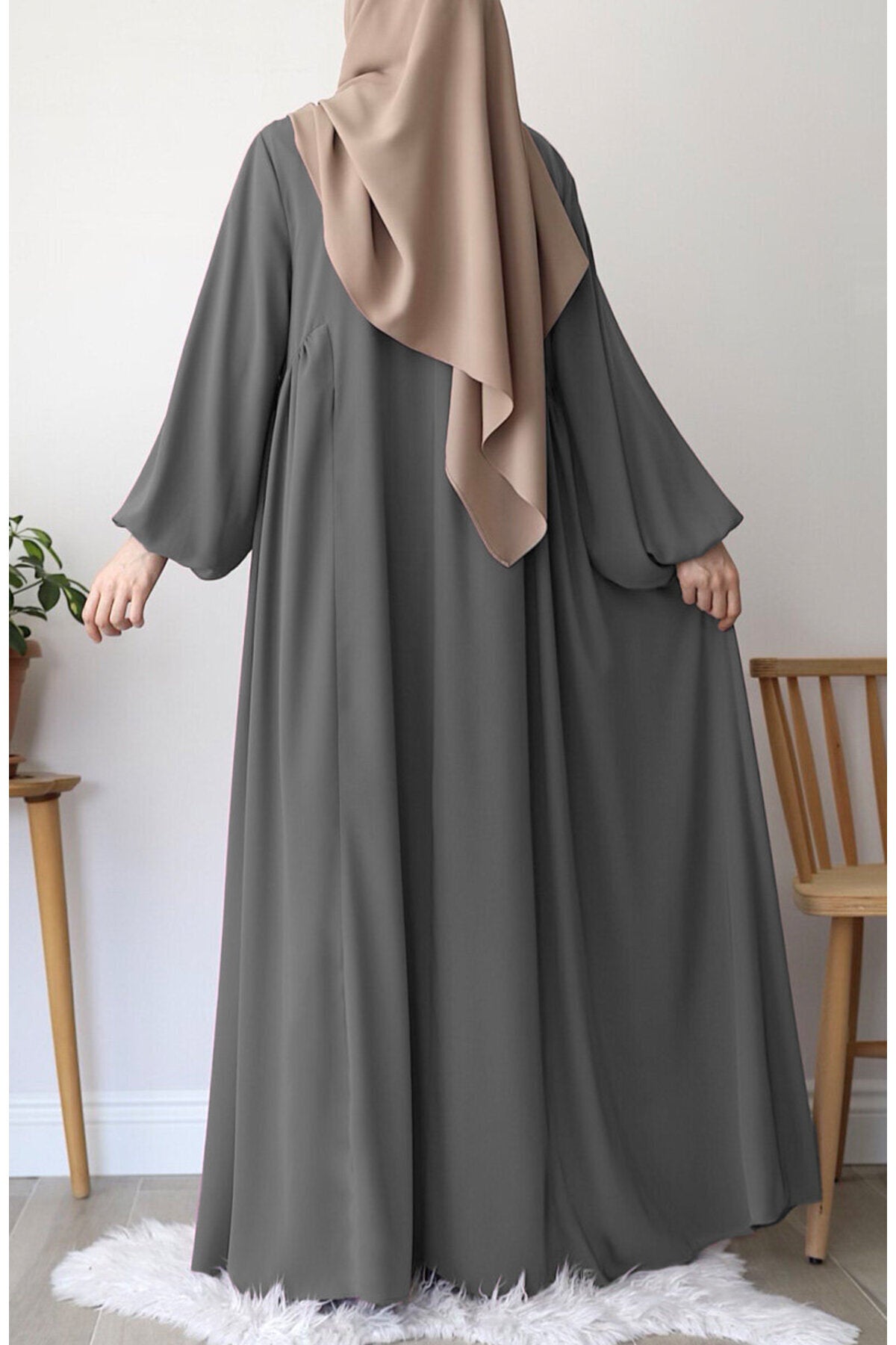 Relaxed Fit Long Modest Dress with Pockets — Gri