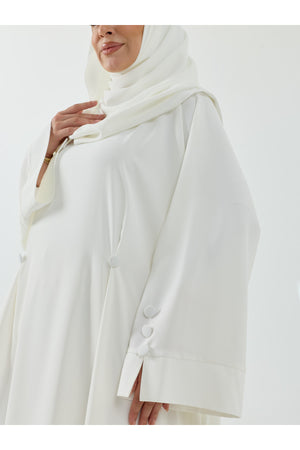 Modest Full-Zip Abaya with Matching Shayla and Button Cuffs — Beyaz