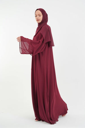 Long Lightweight Abaya and Matching Shawl Set with Snap Closure — bordo