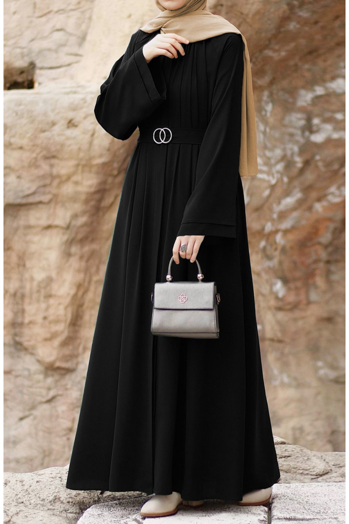 Black Relaxed Fit Crepe Abaya with Stand Collar