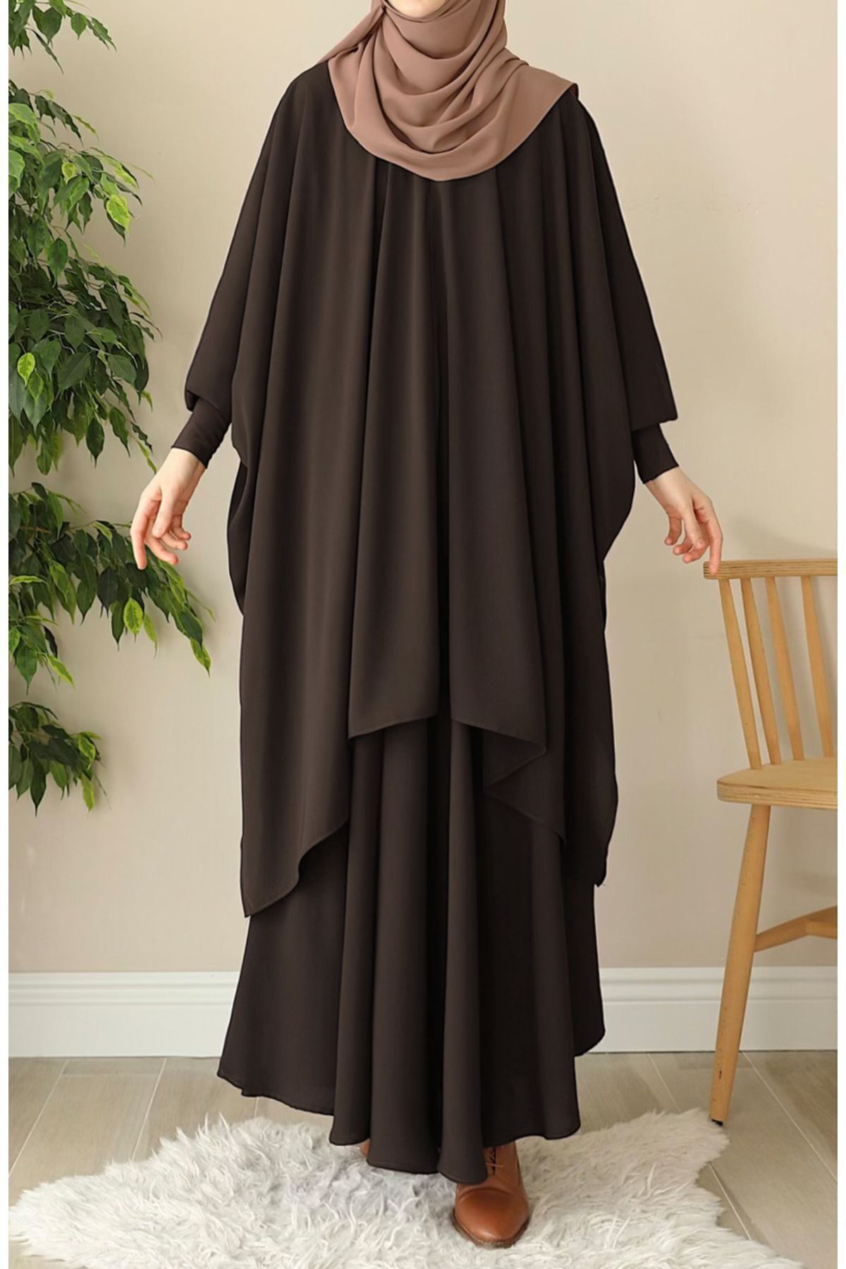 Modest Relaxed Fit Long Tunic & Skirt Set with Batwing Sleeves — Kahverengi