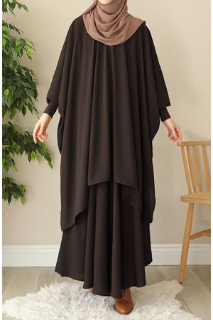 Modest Relaxed Fit Long Tunic & Skirt Set with Batwing Sleeves — Kahverengi