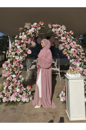 Long Lightweight Abaya and Matching Shawl Set with Snap Closure — pembe