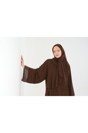 Long Lightweight Abaya and Matching Shawl Set with Snap Closure — kahverengi