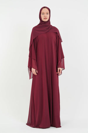 Long Lightweight Abaya and Matching Shawl Set with Snap Closure — bordo
