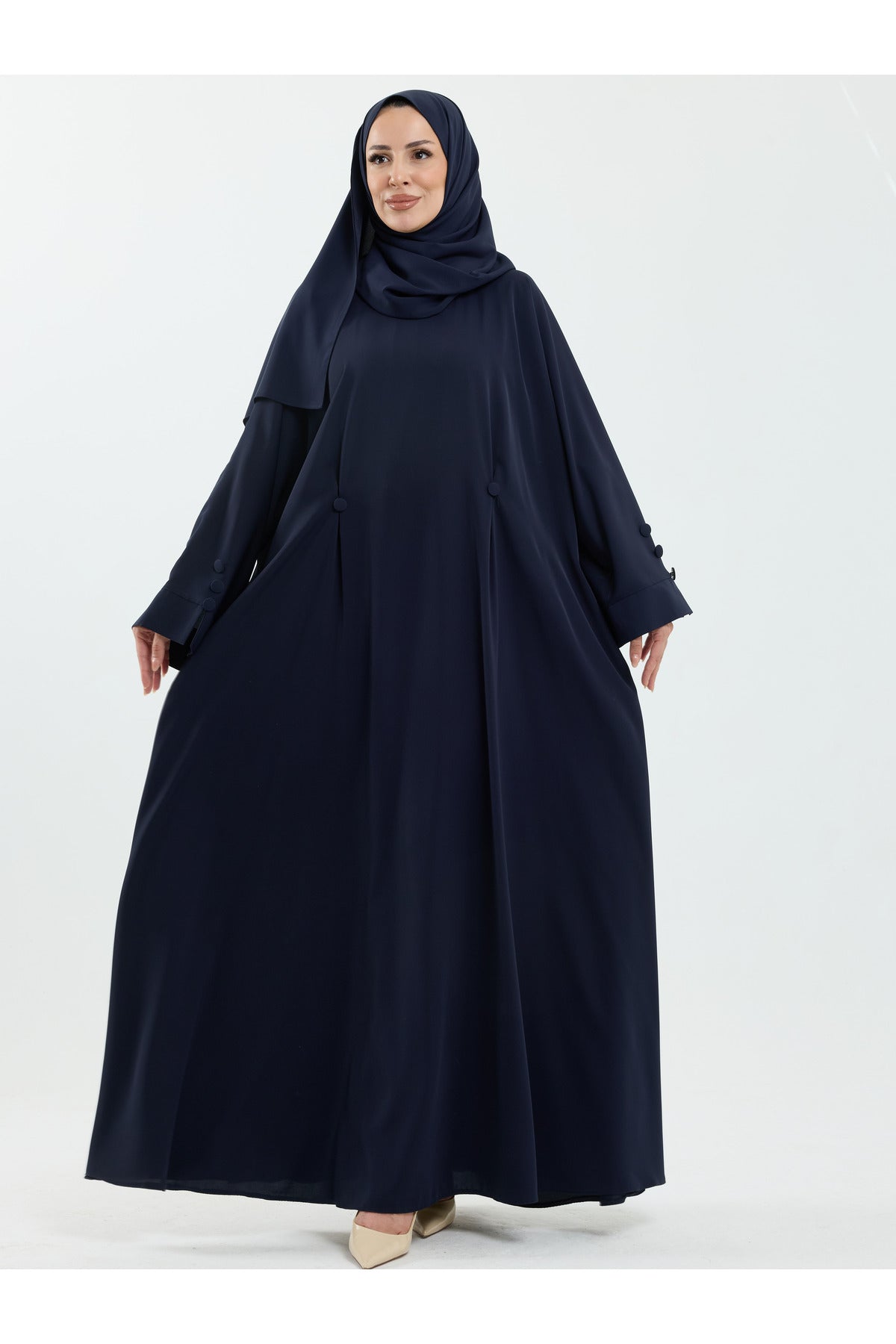 Modest Full-Zip Abaya with Matching Shayla and Button Cuffs — Lacivert