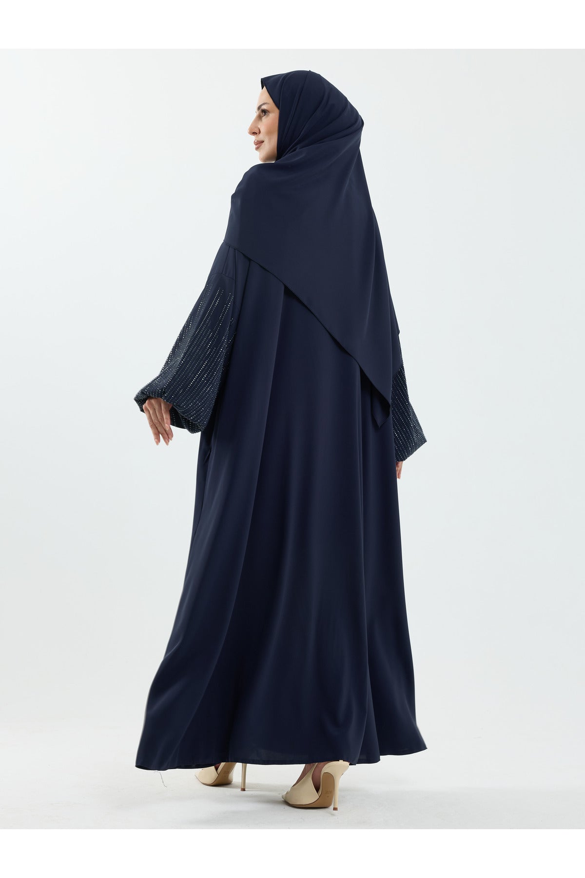 Abaya Set with Embellished Sleeves & Matching Shawl — Lacivert