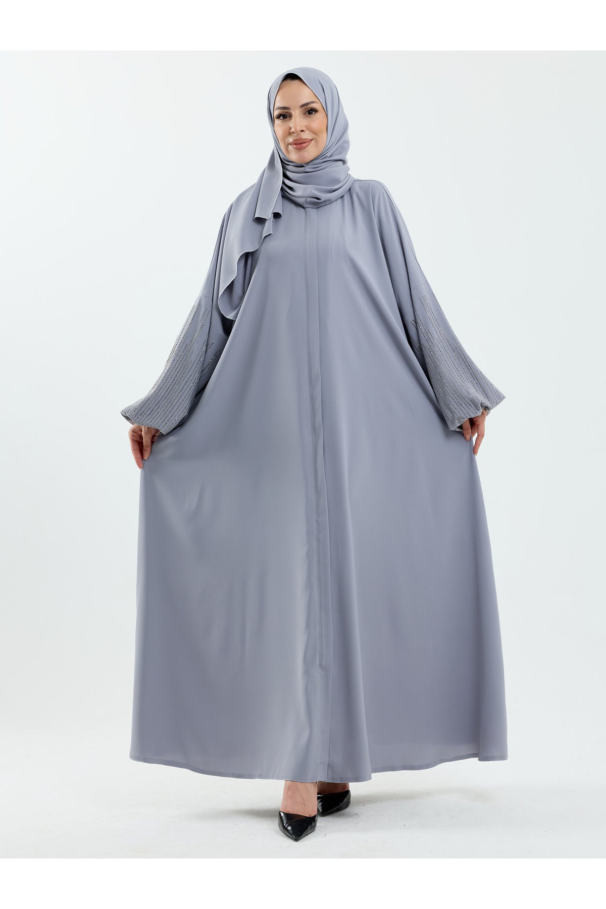 Abaya Set with Embellished Sleeves & Matching Shawl — Gri