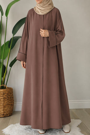 Relaxed Fit Crepe Abaya with Contrast Piping and Stand Collar — vizon
