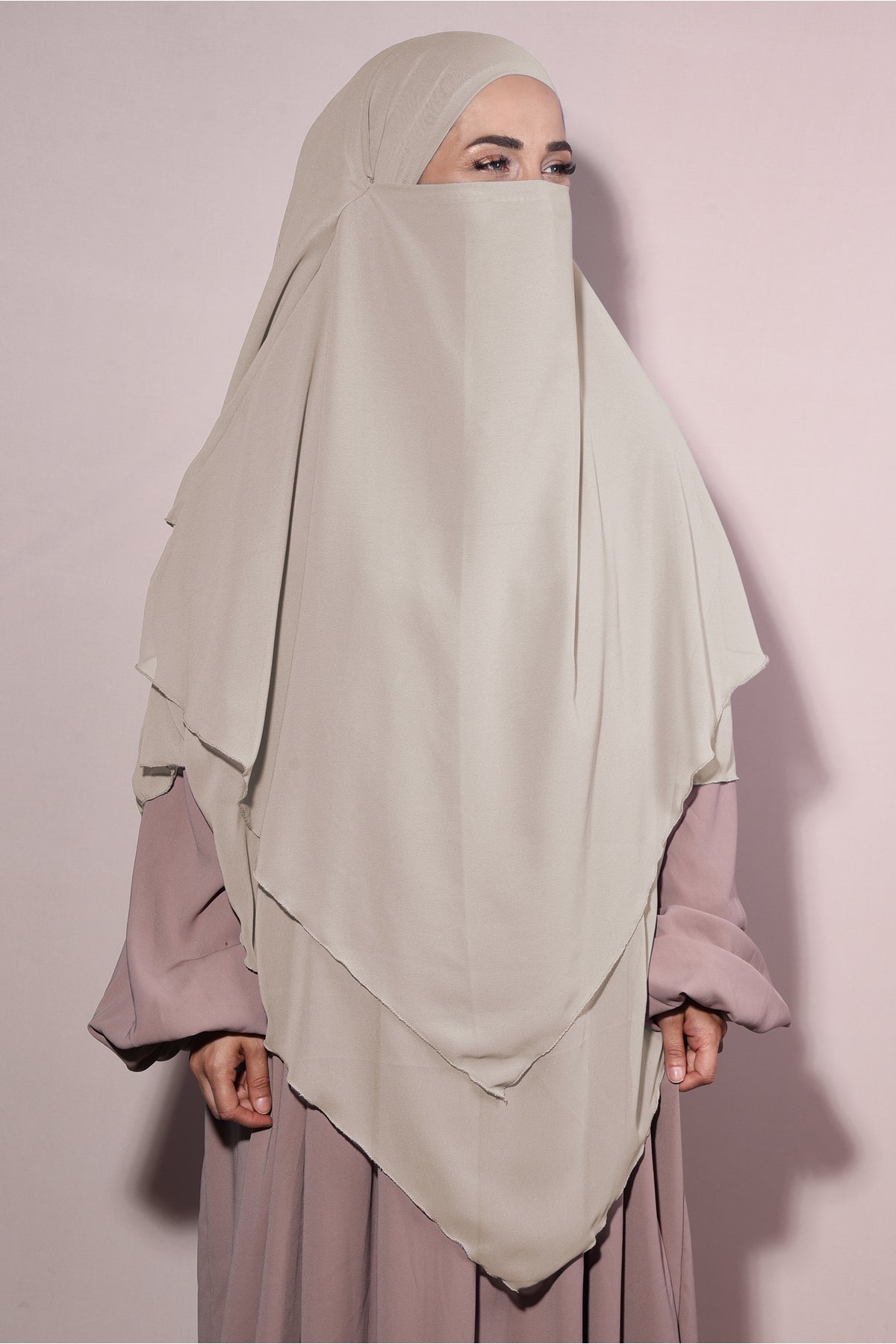 Long Layered Chiffon Khimar with Tie-Back Niqab — Bej