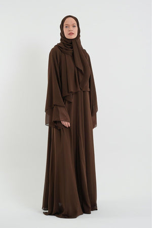 Long Lightweight Abaya and Matching Shawl Set with Snap Closure — kahverengi
