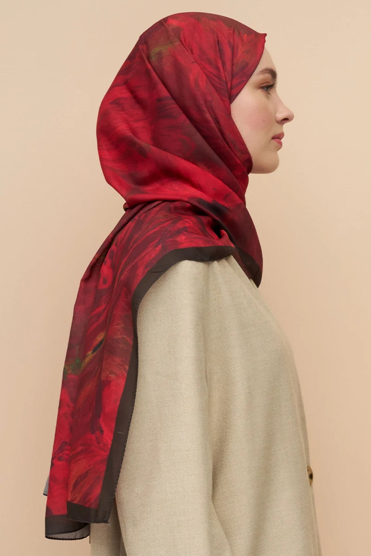 Flowing Peony Pattern Italian Silk Shawl — Bordo