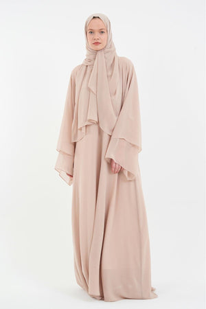 Long Lightweight Abaya and Matching Shawl Set with Snap Closure — koyu-bej