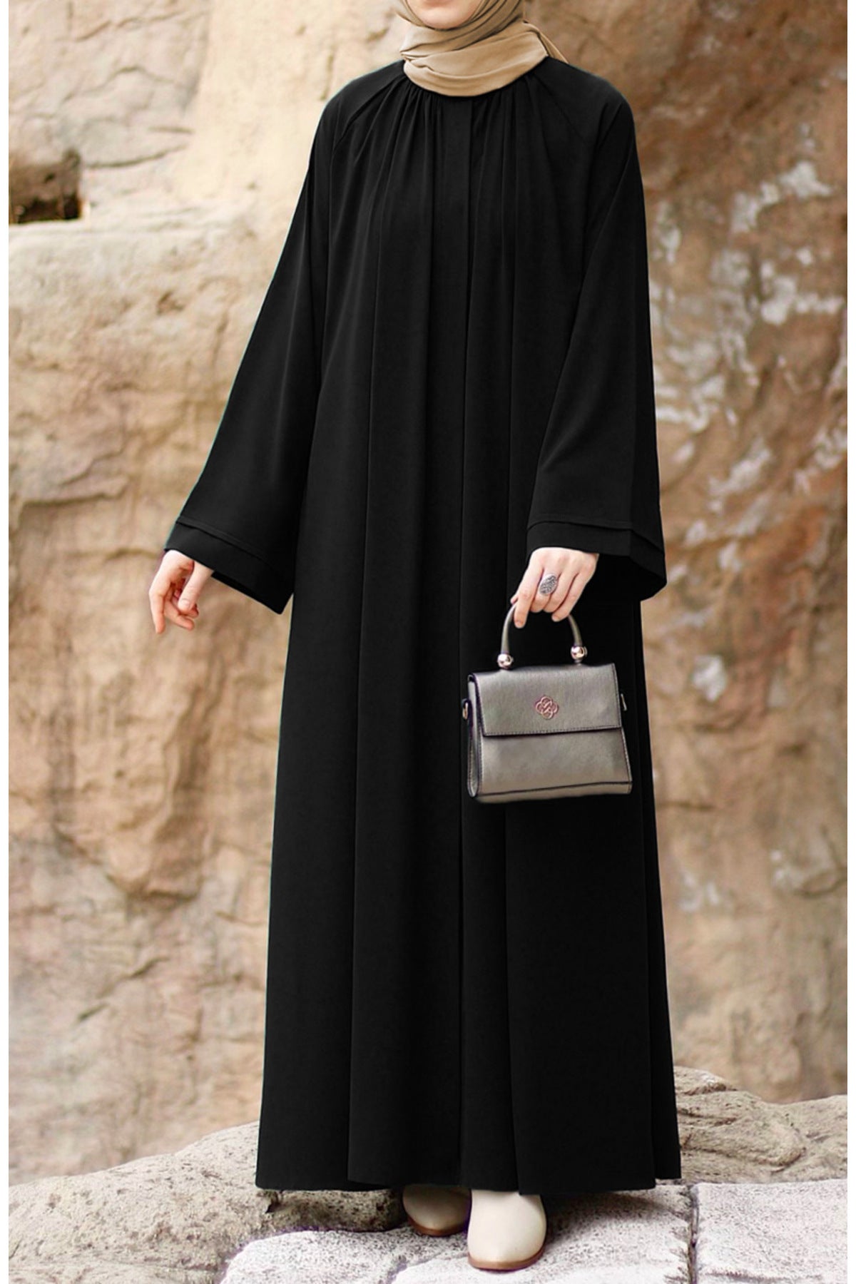 Black Relaxed Fit Crepe Abaya with Stand Collar