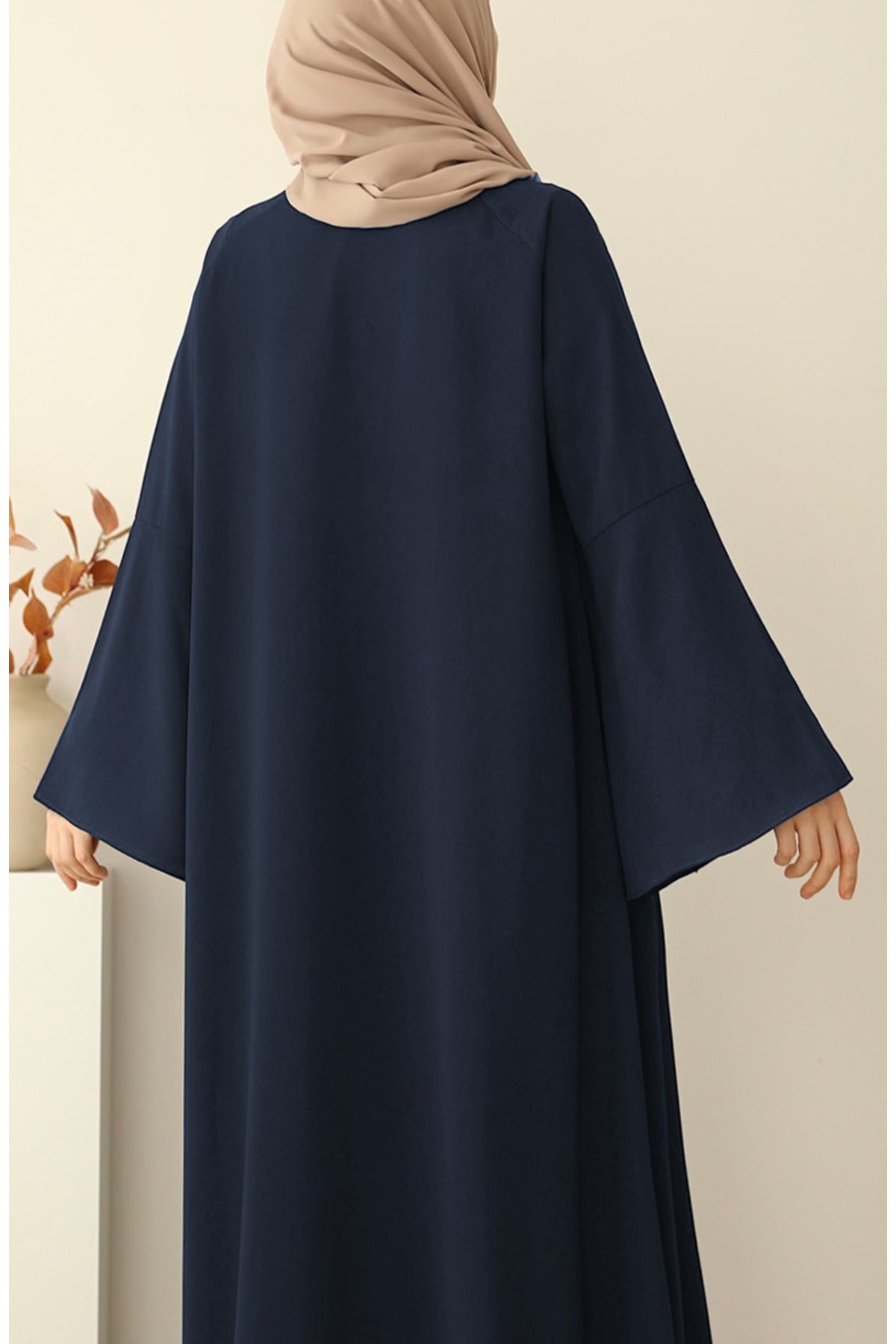 Navy Crepe Abaya with Stand Collar, Batwing Sleeves, and Belt
