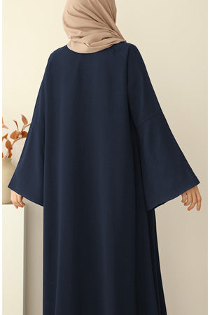 Navy Crepe Abaya with Stand Collar, Batwing Sleeves, and Belt