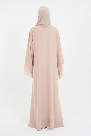 Long Lightweight Abaya and Matching Shawl Set with Snap Closure — koyu-bej
