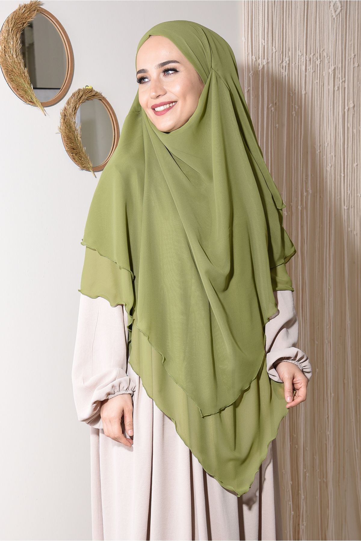 Long Layered Chiffon Khimar with Tie-Back Niqab — Sarı