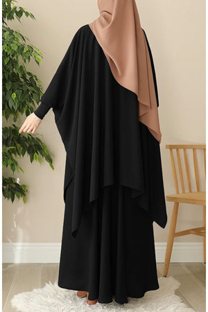 Modest Relaxed Fit Long Tunic & Skirt Set with Batwing Sleeves — Siyah