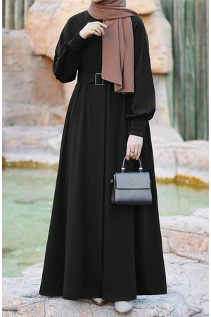 Relaxed Fit Long Crepe Ferace Dress with Adjustable Belt — Siyah