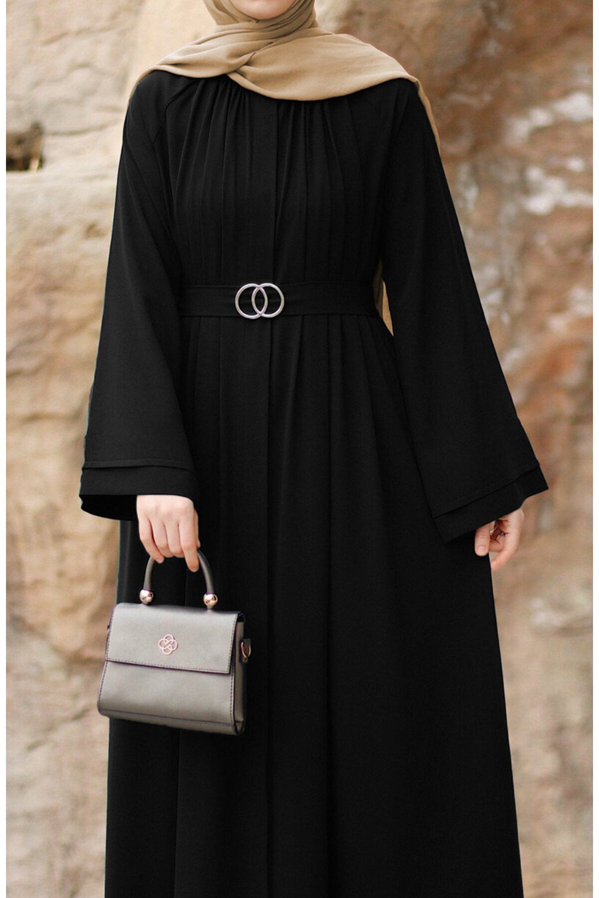 Black Relaxed Fit Crepe Abaya with Stand Collar