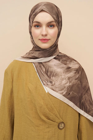 Flowing Peony Pattern Italian Silk Shawl — Bej