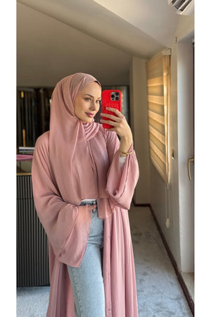 Long Lightweight Abaya and Matching Shawl Set with Snap Closure — pembe