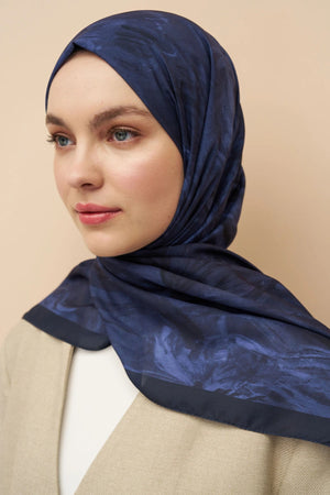 Flowing Peony Pattern Italian Silk Shawl — Lacivert