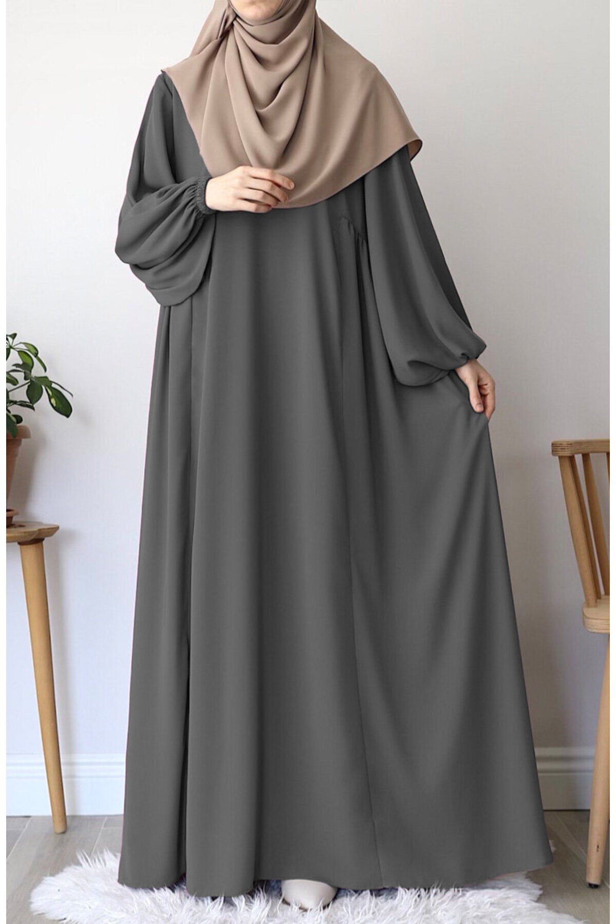Relaxed Fit Long Modest Dress with Pockets — Gri