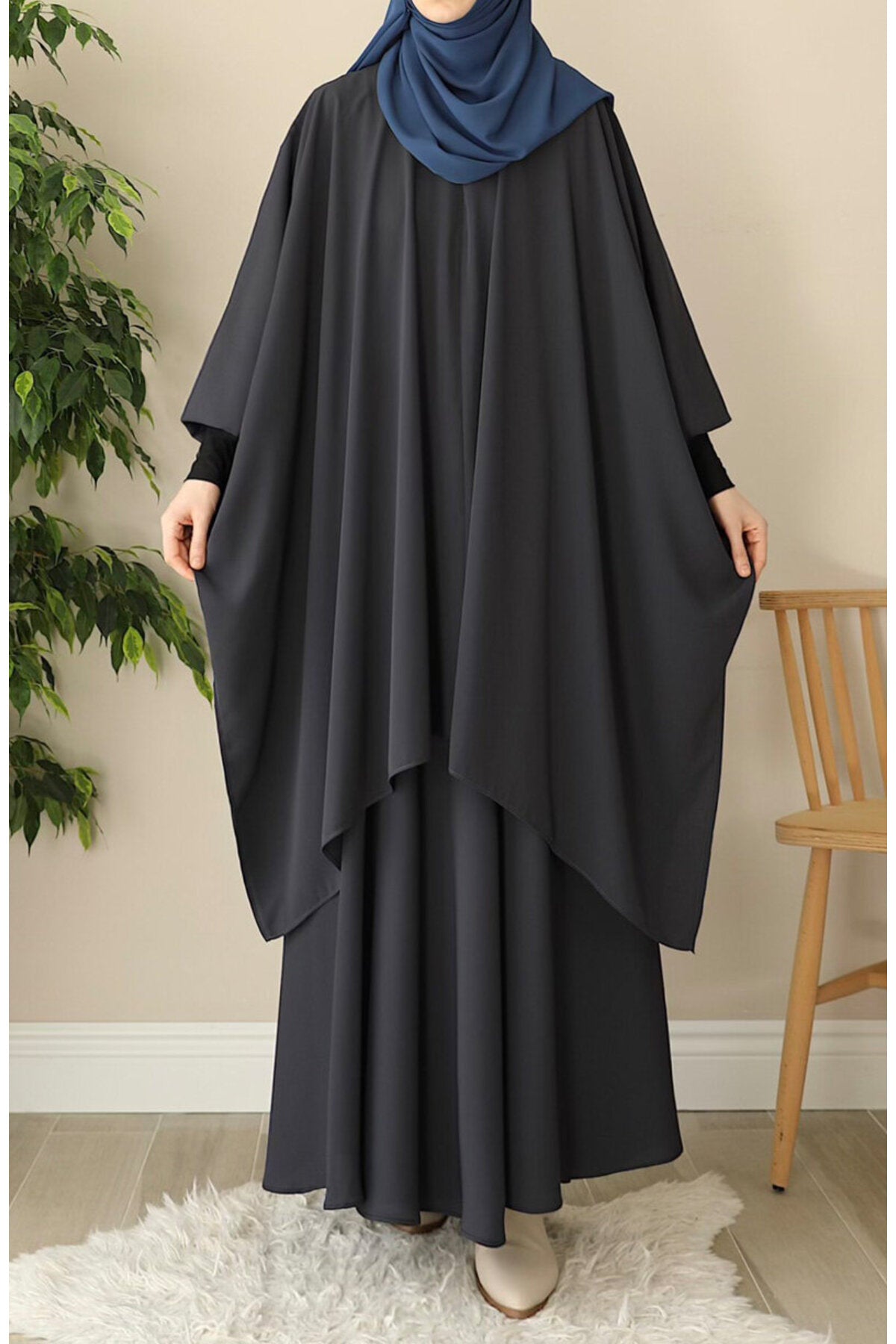 Modest Relaxed Fit Long Tunic & Skirt Set with Batwing Sleeves — Gri