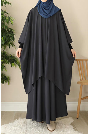 Modest Relaxed Fit Long Tunic & Skirt Set with Batwing Sleeves — Gri