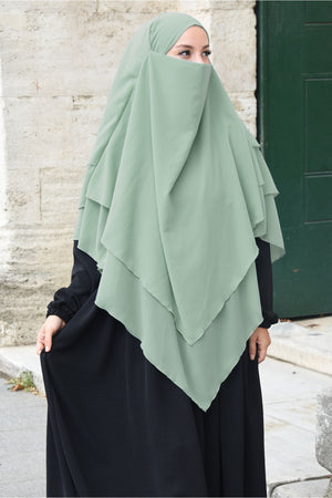 Long Layered Chiffon Khimar with Tie-Back Niqab — yesil