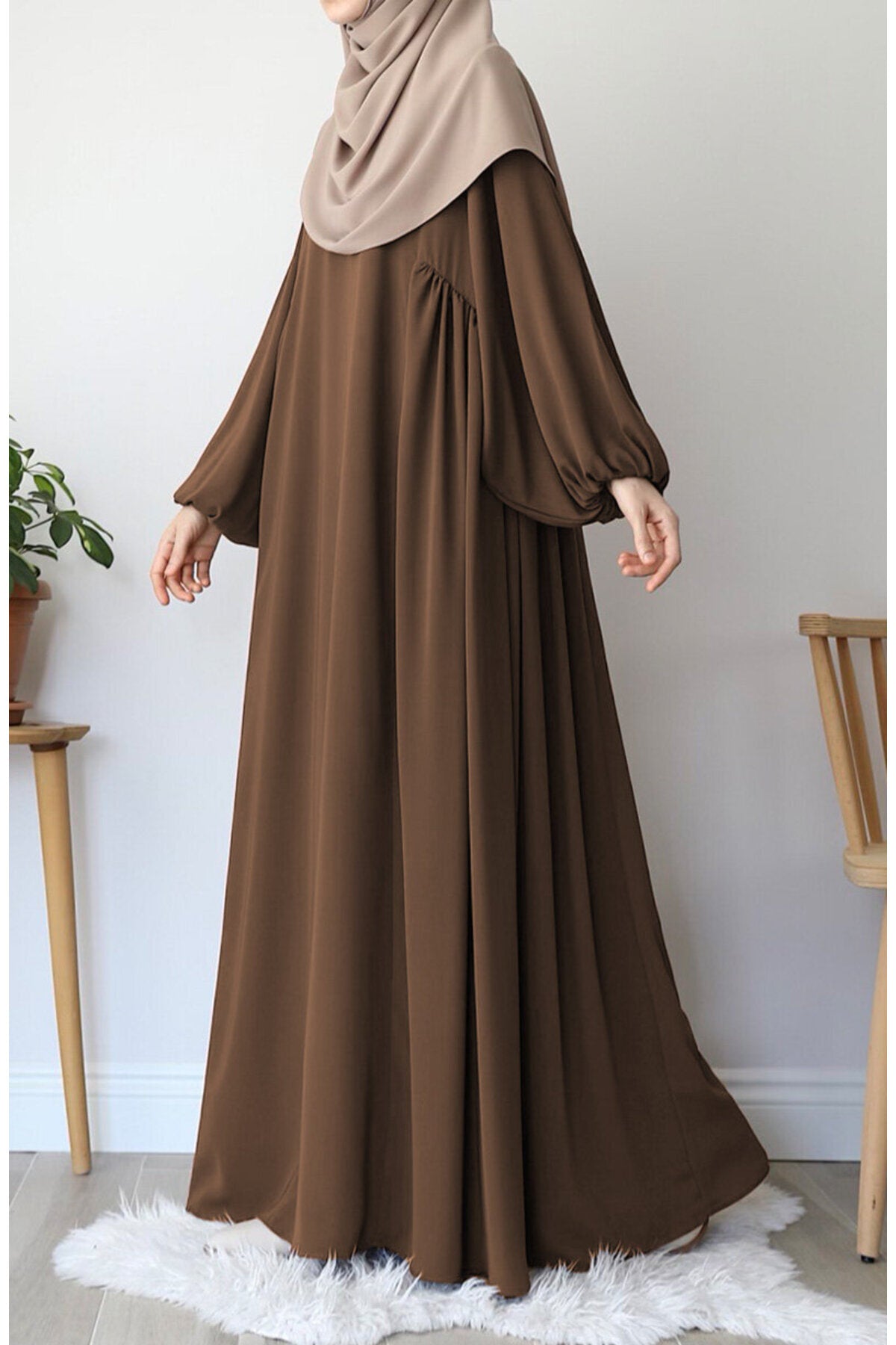 Relaxed Fit Long Modest Dress with Pockets — Kahverengi