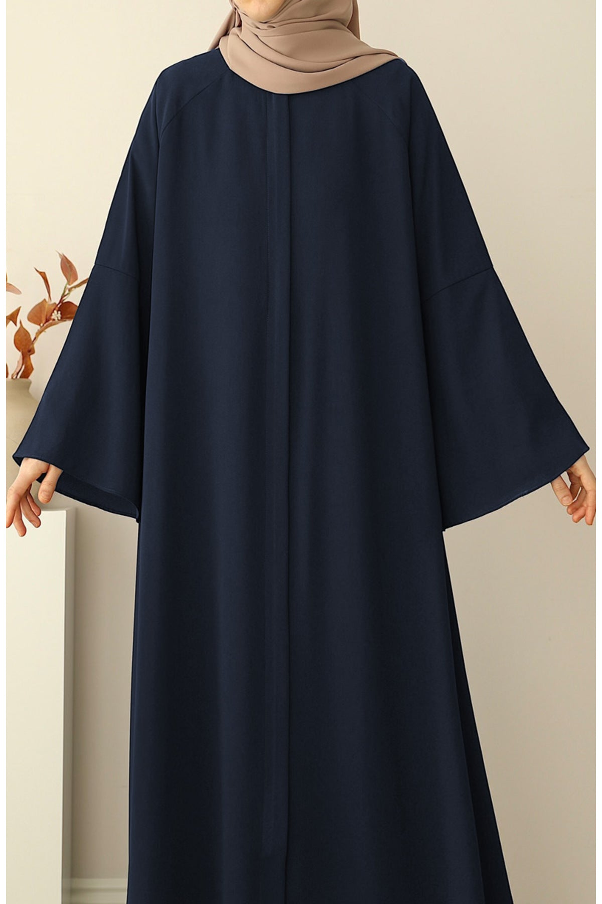 Navy Crepe Abaya with Stand Collar, Batwing Sleeves, and Belt
