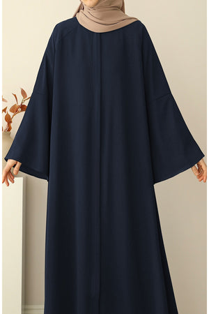 Navy Crepe Abaya with Stand Collar, Batwing Sleeves, and Belt