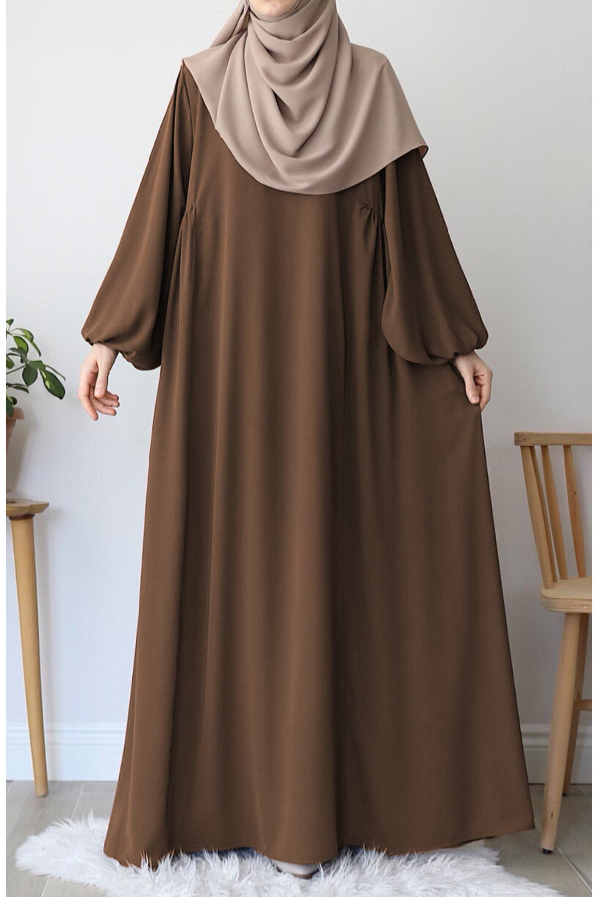 Relaxed Fit Long Modest Dress with Pockets — Kahverengi