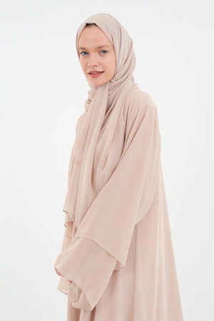 Long Lightweight Abaya and Matching Shawl Set with Snap Closure — koyu-bej