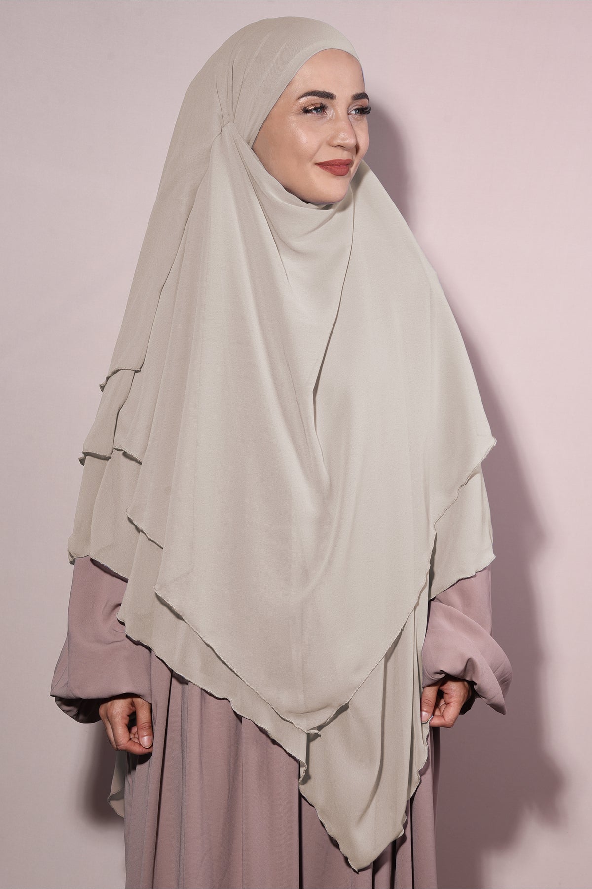 Long Layered Chiffon Khimar with Tie-Back Niqab — Bej