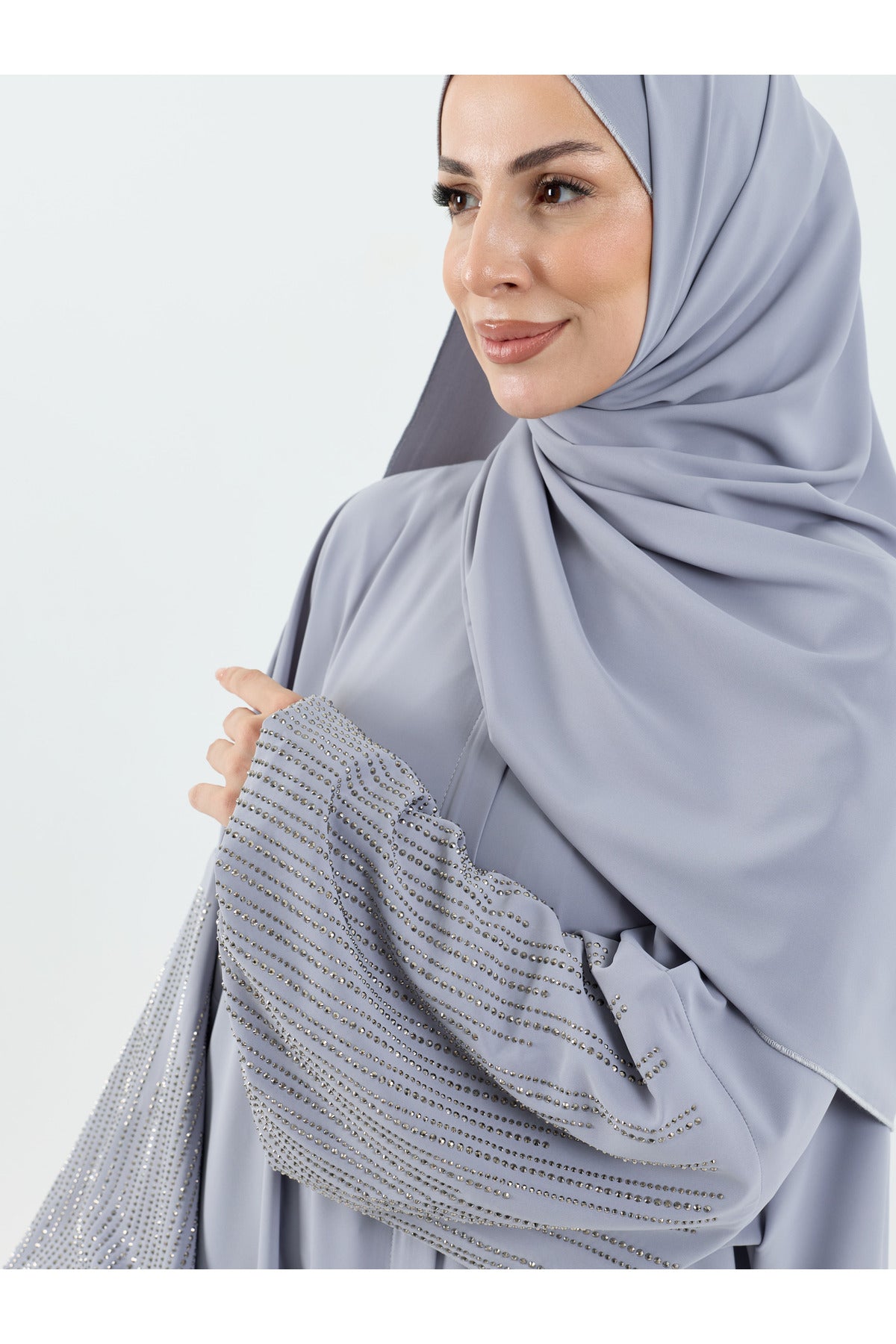 Abaya Set with Embellished Sleeves & Matching Shawl — Gri