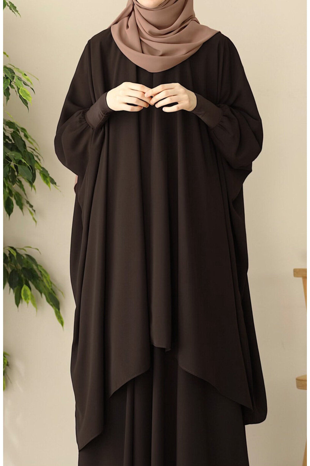 Modest Relaxed Fit Long Tunic & Skirt Set with Batwing Sleeves — Kahverengi