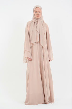 Long Lightweight Abaya and Matching Shawl Set with Snap Closure — koyu-bej