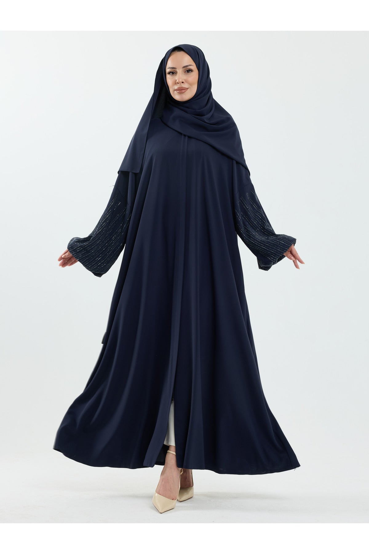 Abaya Set with Embellished Sleeves & Matching Shawl — Lacivert