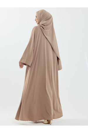 Modest Full-Zip Abaya with Matching Shayla and Button Cuffs — Bej
