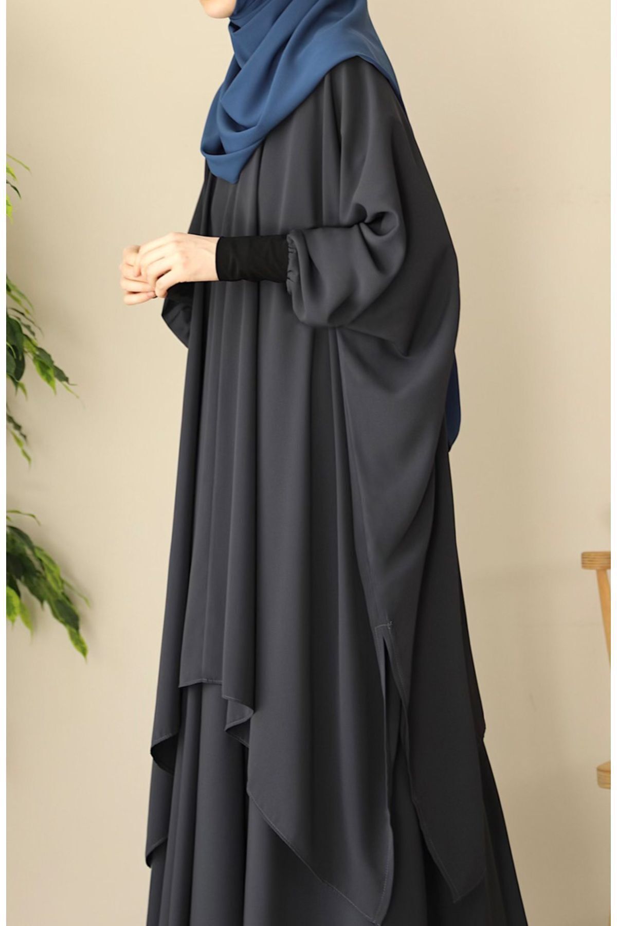 Modest Relaxed Fit Long Tunic & Skirt Set with Batwing Sleeves — Gri